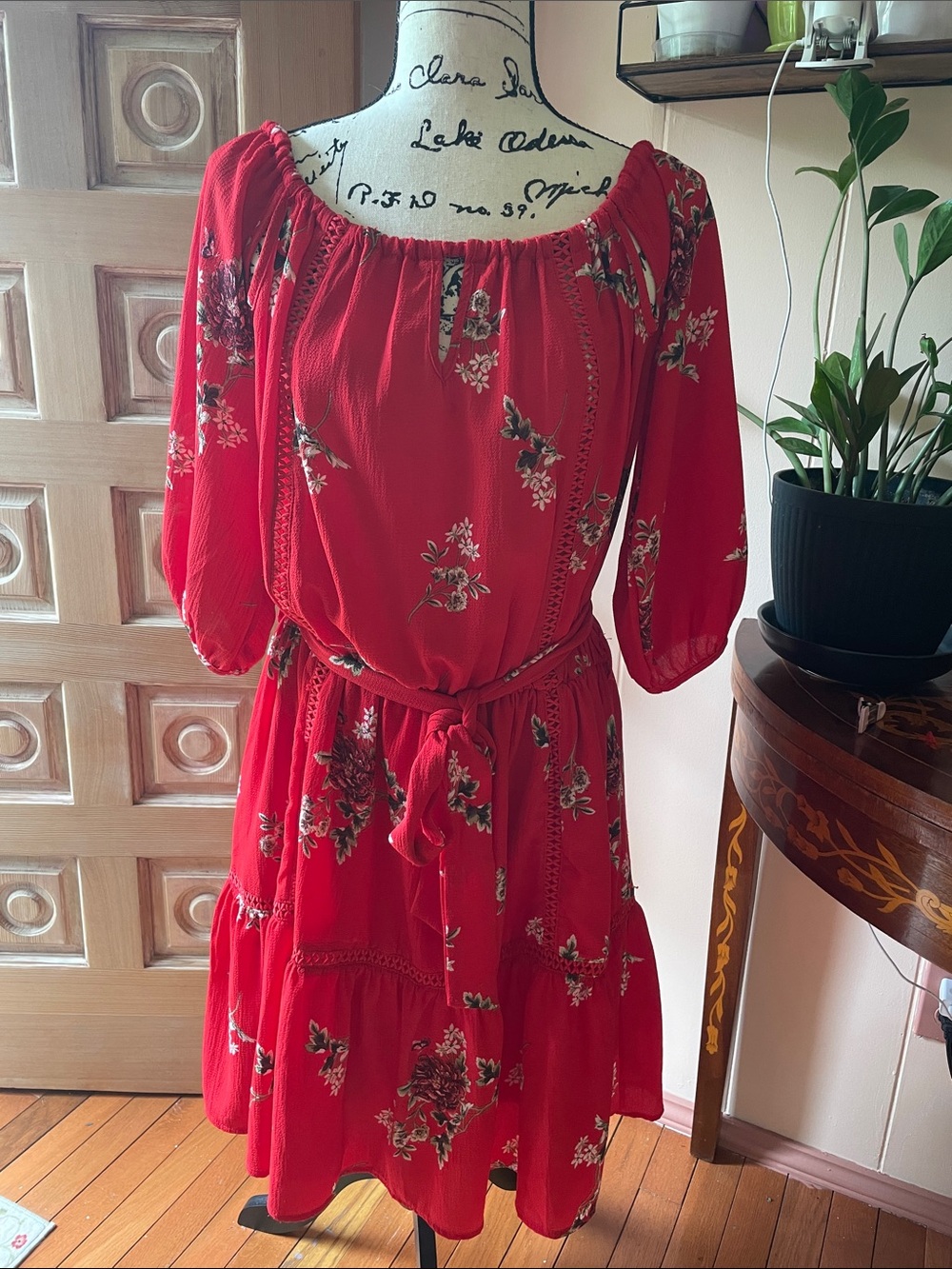 Promesa Red Floral Off-Shoulder Midi Dress with Tie Belt